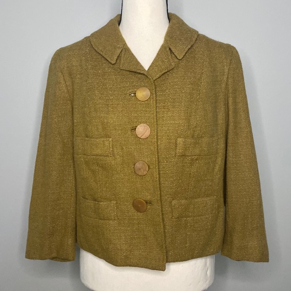 Vintage retro womens blazer wool tweed olive 3/4 sleeve button pockets - Picture 1 of 5
